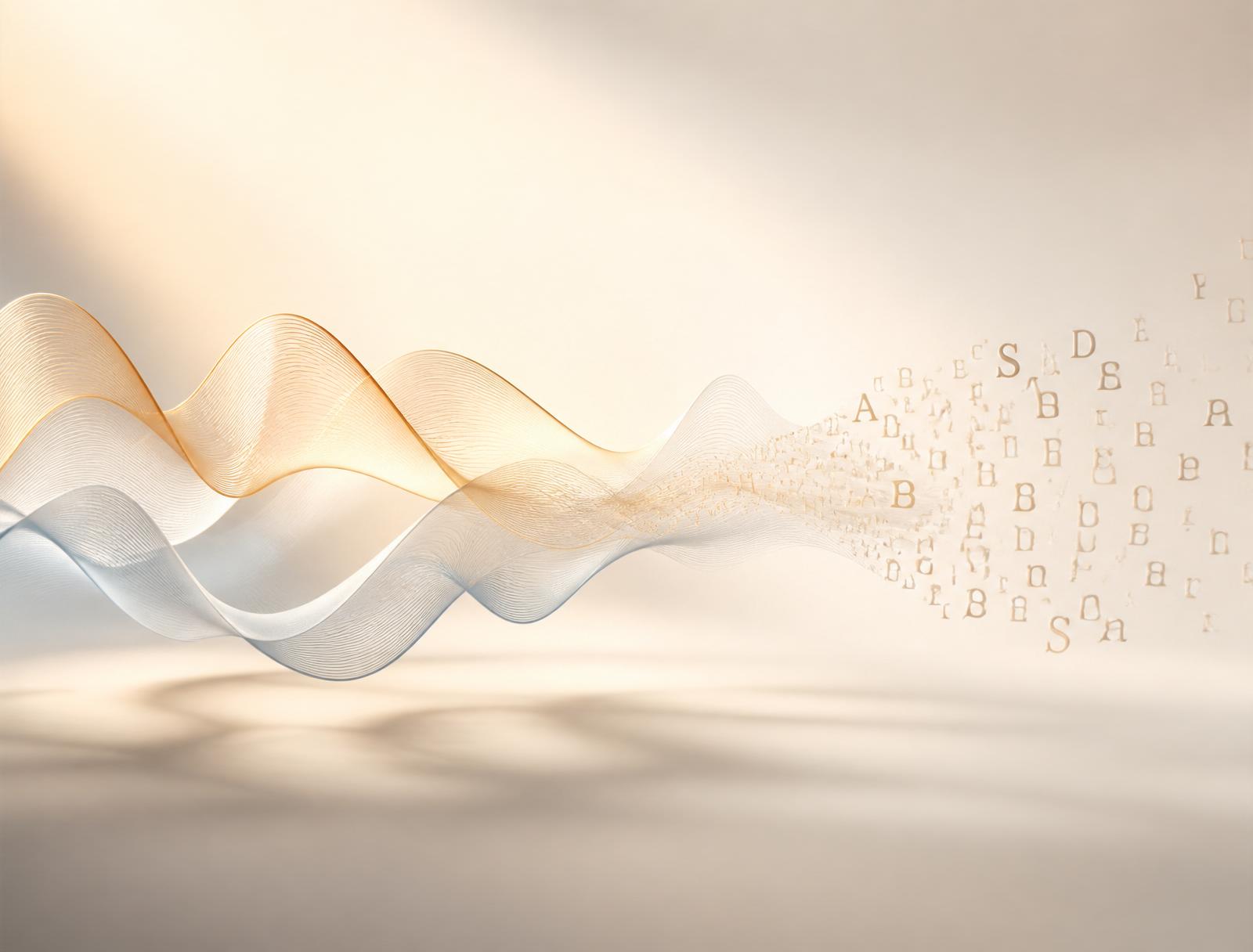 A glowing microphone with sound waves transforming into words